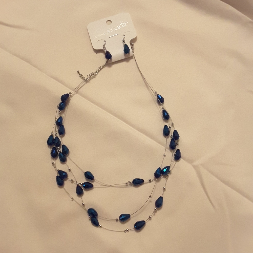 Blue & Silver Beaded Necklace with Earrings (NWT)